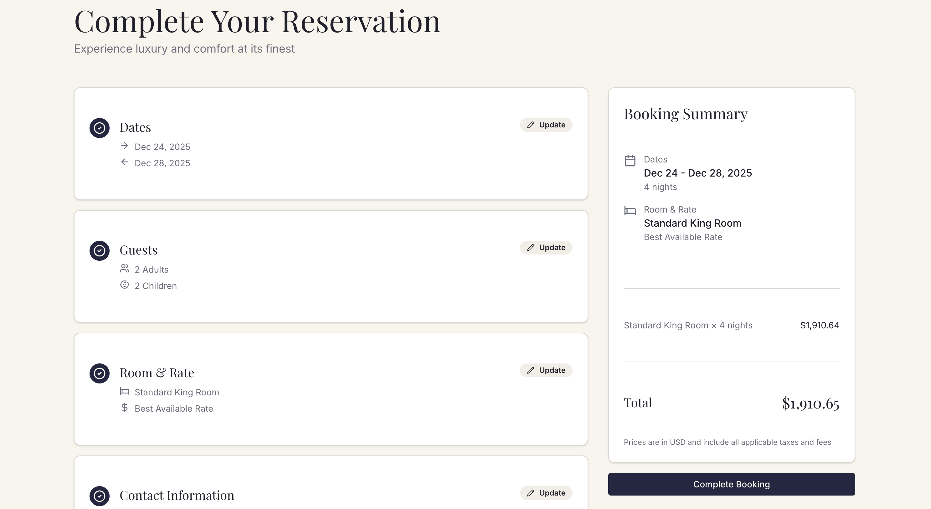 Minimal-click booking